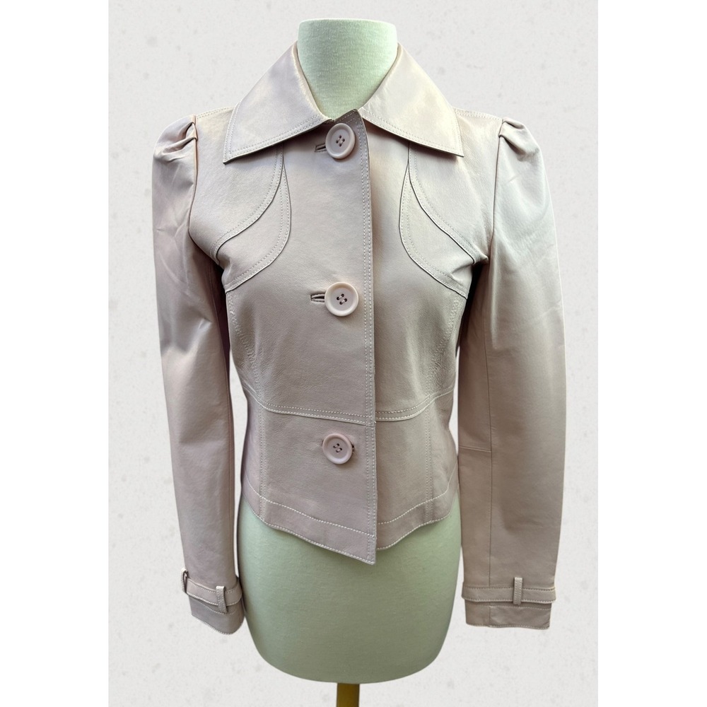 Spiegel Genuine Leather Jacket Pink Blush Puff Sleeve Y2K Cropped Women's Size 4 - Picture 2 of 16
